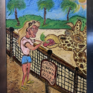 One-of-a-kind Painting on Board , Titled &quot;Hungry Giraffe&quot; by Serg Graff, COA