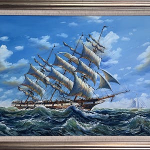 Ambrose Large Original Oil Painting on Canvas Sailing Ship Ocean Seascape Framed