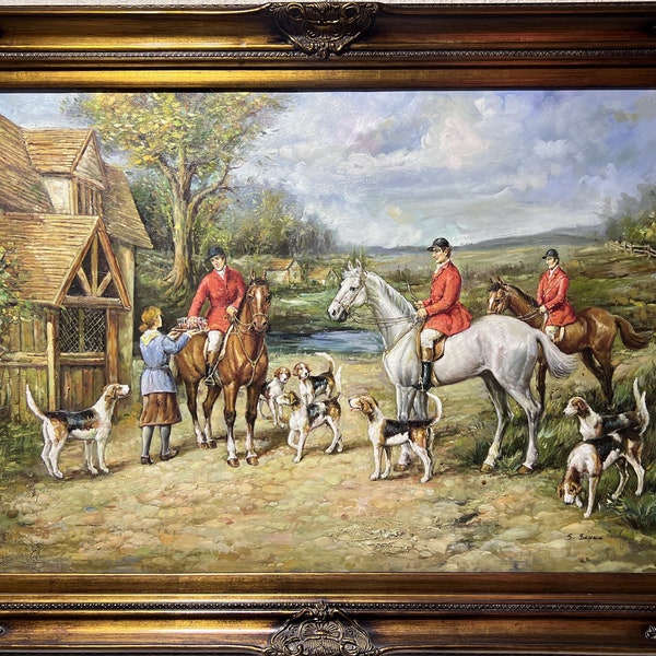 S.Bruno original Large oil painting on canvas, English Hunting scene, Gold Frame