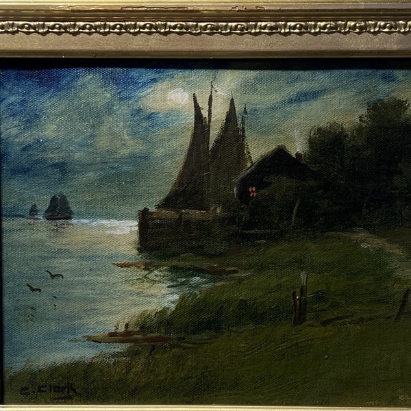 C.Clark Antique Original Oil Painting on canvas Seascape Harbor view Gold Frame