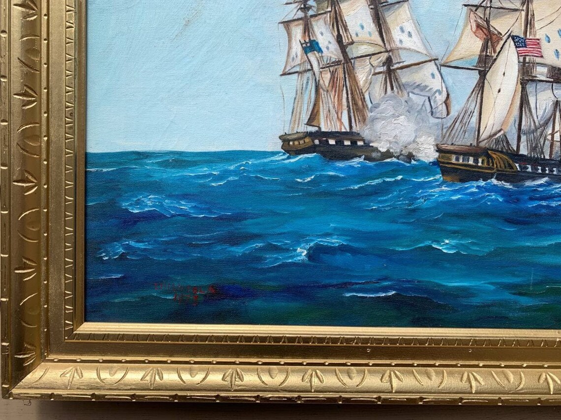 Vintage Oil Painting on Canvas Ships BATTLE AT SEA Signed Etsy