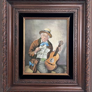 Hans Kerber (Austria b. 1920) Original Oil Painting, Man with Guitar, Framed