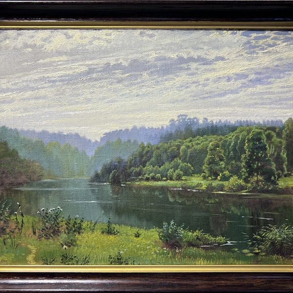 Original Vintage oil painting on canvas, Summer Landscape "Foggy Morning" Signed