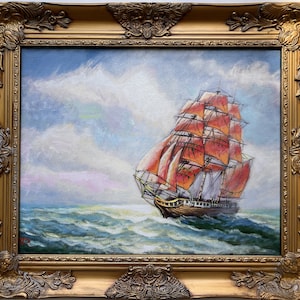 Russian Artist Dobritsin Oil painting on canvas, seascape, Sailing ship, Framed