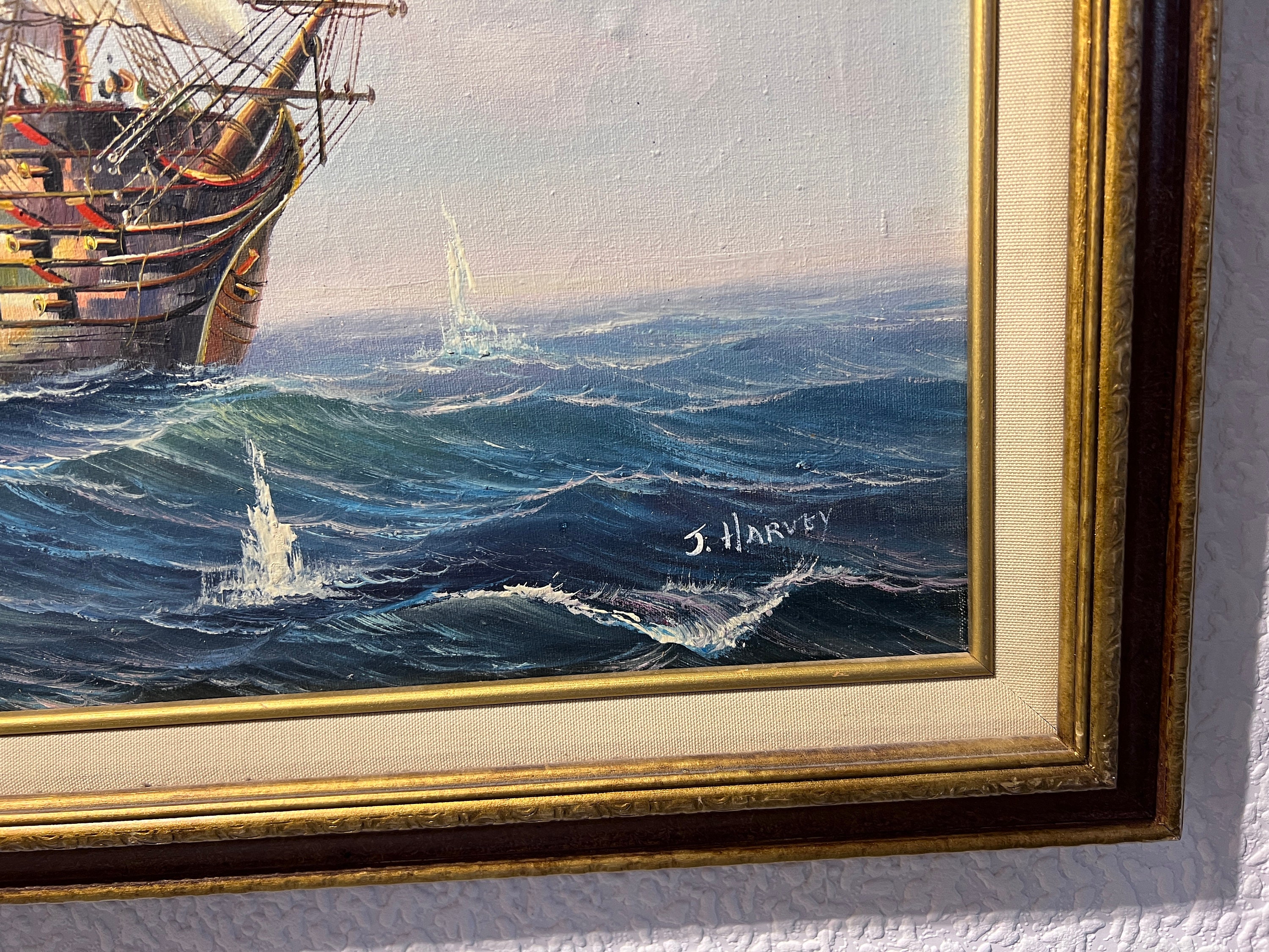 J.harvey Large Oil Painting on Canvas, Ships BATTLE AT SEA, Signed ...