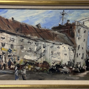 Original oil painting on board, European Cityscape, Unsigned, Framed