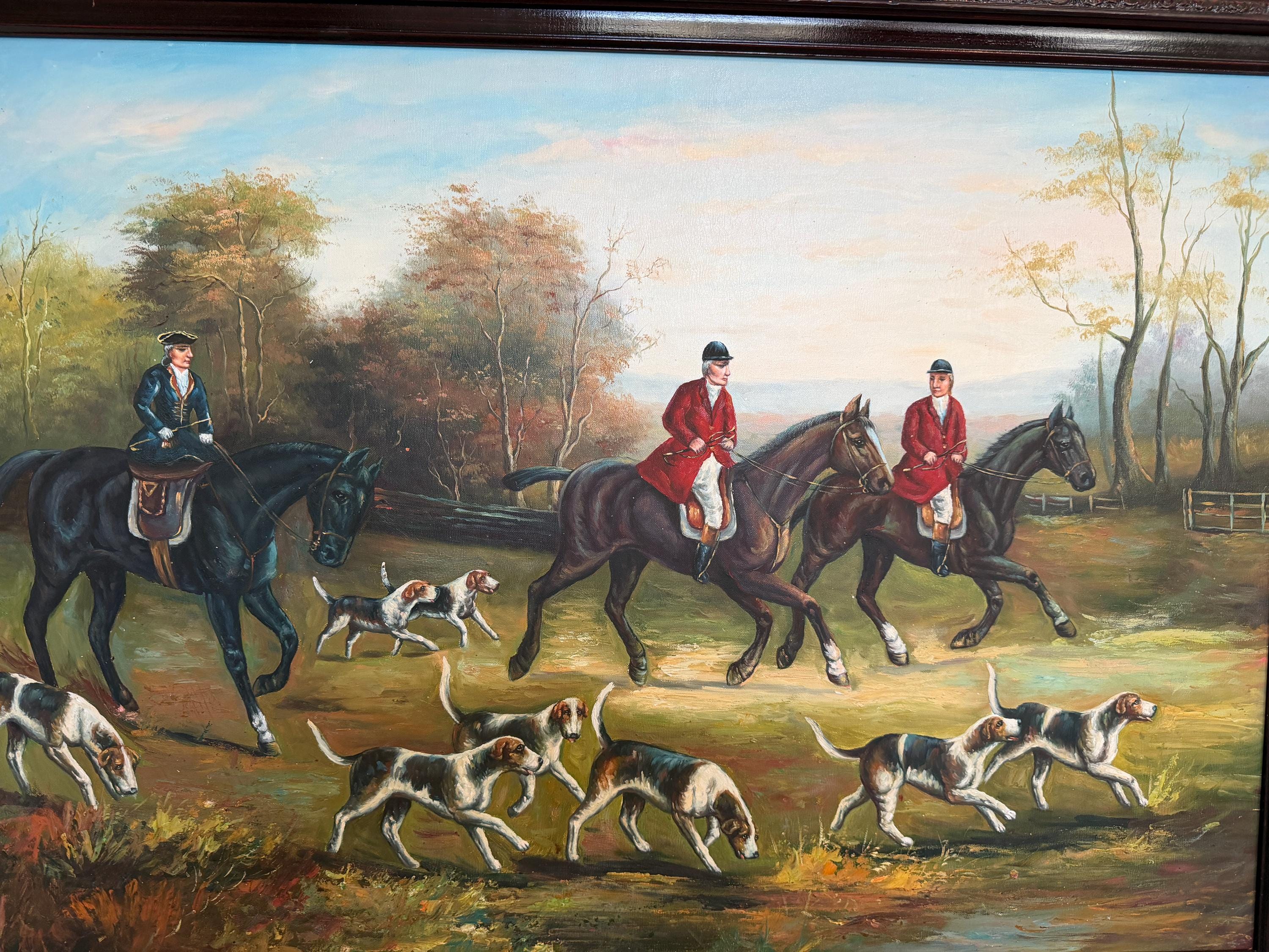 Large Vintage Oil Painting English Fox Hunt Horses Hounds Hunting Scene ...