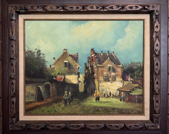 Dutch-Style Village Scene Original Oil Painting on Canvas, Signed | Framed Art