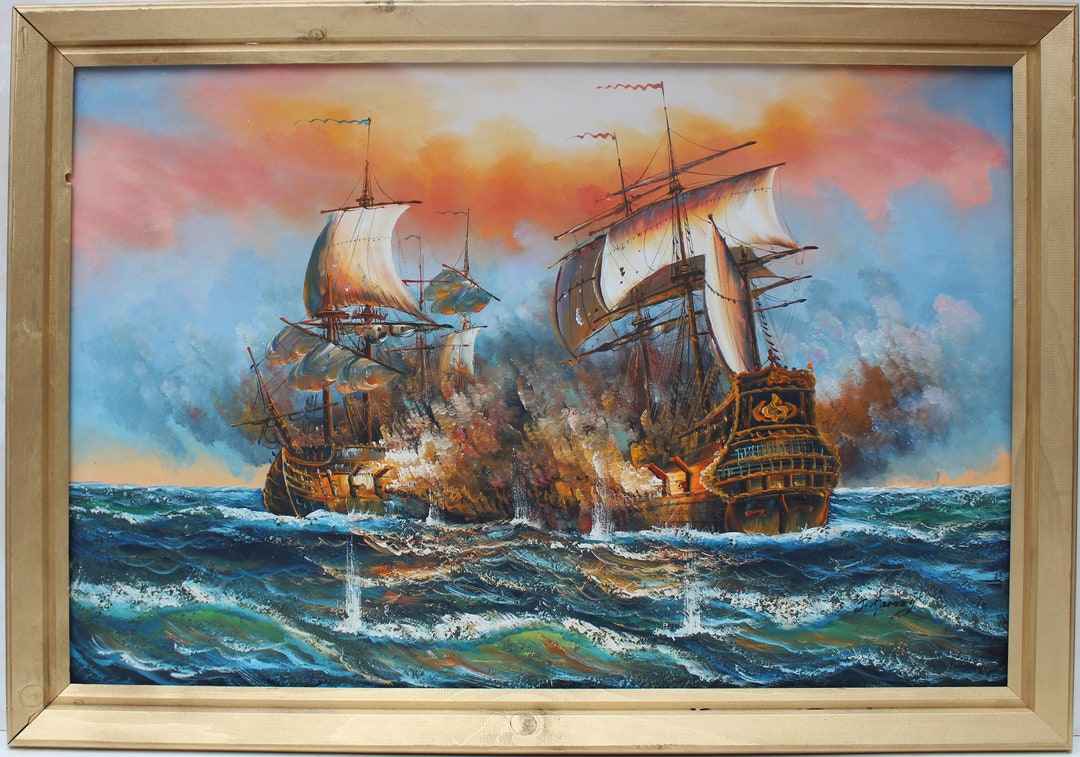 J.harvey Large Oil Painting on Canvas, Ships BATTLE AT SEA, Signed