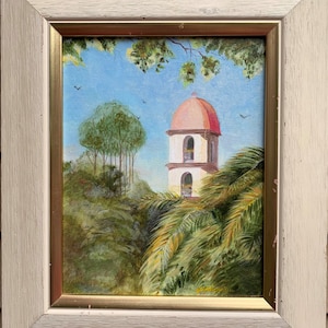 Pintura al óleo vintage sobre lienzo, Paisaje tropical, Firmado, Fechado, Enmarcado