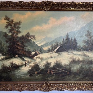 Simans Large Vintage Dutch Oil Painting on Canvas Landscape Gold Leaf Frame