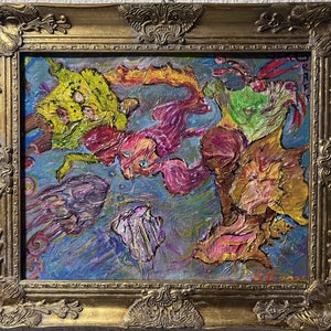 Pintura abstracta sobre tabla de Serg Graff "Bob Esponja y Fondo de Bikini", COA
