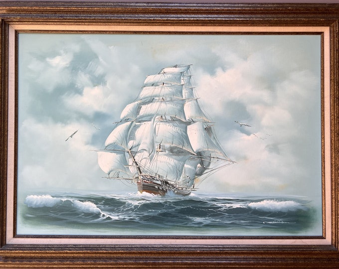 Large Framed Oil Painting on Canvas, Sailing Ship in the Ocean, Signed