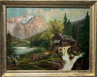 Vintage oil painting on canvas by Anna, Farm Landscape, Framed