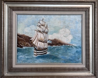Original Vintage Oil painting on canvas seascape, Sailing Ship, signed, Framed