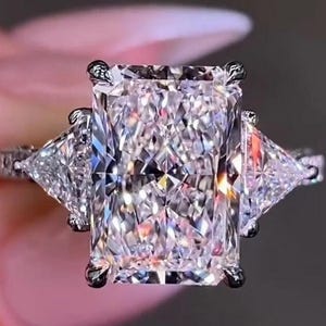 4CT Radiant Cut Lab Grown Engagement Ring | Trillion Side Stone Three Stone Ring | Luxury Lab Grown Anniversary or Wedding Gift Ring For Her
