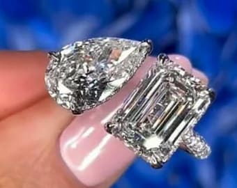 6TCW Toi et Moi Lab Grown Diamond Ring, Emerald & Pear Cut Engagement Ring, IGI Certified Pave Wedding Ring, Two Stone Bridal Ring For Her