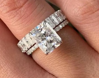 Zestaw pierścionków z brylantami o szlifie radiant 2CT, hodowanymi laboratoryjnie: pierścionek zaręczynowy z obrączką Half Eternity, prezent dla niej