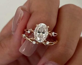 1.5Ct Oval Cut Lab Grown Diamond Nature Inspired Wedding Ring Set: Leaf Vine Band, Vintage Floral Engagement Anniversary Gift, Bridal Set