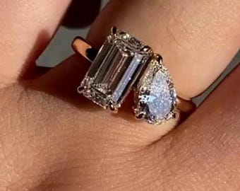 Toi et Moi Lab Grown Diamond Ring: Emerald & Pear Cut Engagement Ring, Certified Wedding Gift For Her