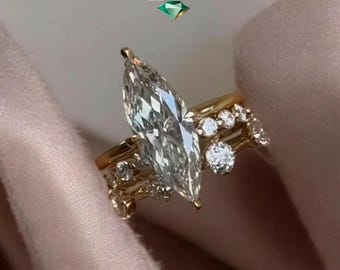 3CT Marquise Lab Grown Diamond Engagement Ring Set: IGI Certified, Matching Two Pave Wedding Bands, 14K Gold Bridal Promise Ring Set
