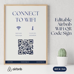 May include: A framed sign with a white background and blue text that says "Connect to WiFi". The sign includes a WiFi symbol, a key symbol, the WiFi name "HanLounge", the password "0012345678", and a QR code. The sign also includes the Airbnb logo and contact information. The sign is sitting on a white surface next to a small potted cactus.