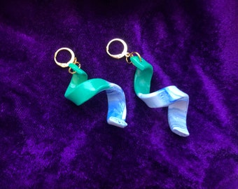 Spiral Marble Color Block Earrings | Handmade Polymer Earrings | Blue Green Unique Statement Earrings