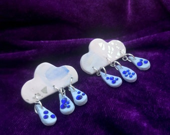Cute Cloud and Glass Crystal Raindrop Earrings | Handmade Polymer Earrings | Blue Gemstone Cloudy Raindrop Statement Earrings