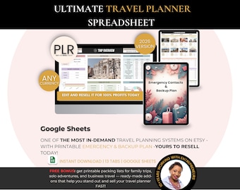 Ultimate Travel Planner Spreadsheet Google Sheets PLR | Editable Trip Budget, Itinerary, Packing Lists