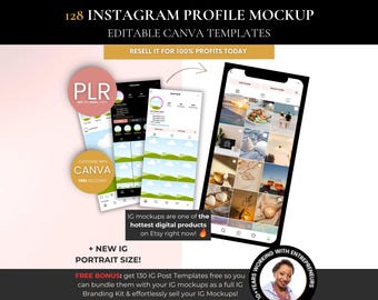 128 Instagram Profile Mockup Editable Canva Templates PLR | Instagram Grid Reels Posts Stories | Social Media Branding Kit.