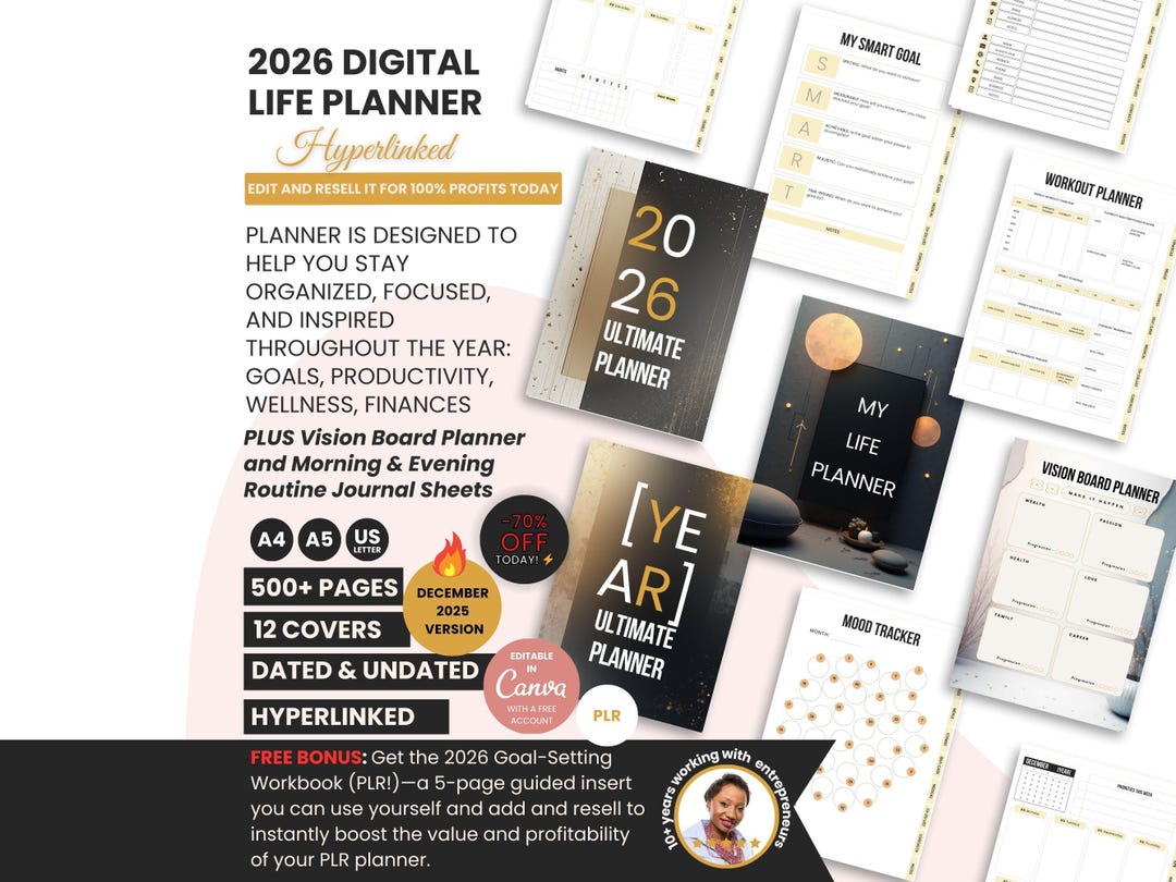2026 Digital Life Planner Hyperlinked Tabs Canva Editable PLR | Digital ...