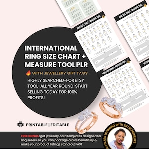 Tabla de tallas de anillos y herramienta de medición internacionales (PLR) / Plantilla digital editable de Canva / Guía de conversión de medidores de anillos imprimible (PDF) / Reino Unido, EE. UU.