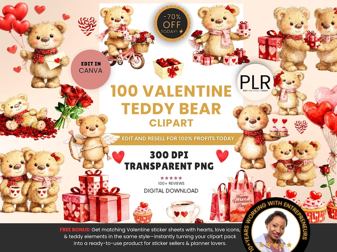 Valentine Teddy Bear Clipart Canva Templates PLR, Cute Valentines Day ...
