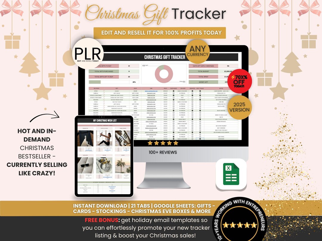 Christmas Gift Tracker, Google Sheets Template, PLR Resell Rights Etsy