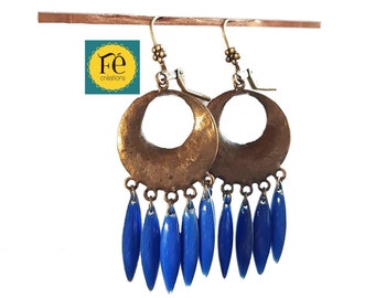 Boucles d'oreilles rondes, émail, bleu, métal bronze, pendantes pour femme par FecreationsFR.