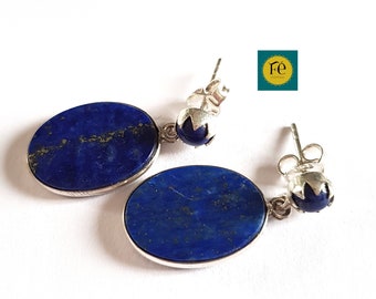 Lapis Lazuli Earrings, Oval Lapis Lazuli Gemstone Pendant 22x14mm, 6mm Stud Earrings with Lapis Lazuli Stone - 925 Silver.