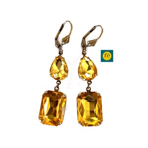 Boucles d'oreilles en verre, rectangles, jaune, topaze, pendantes pour femmes par FecreationsFR.