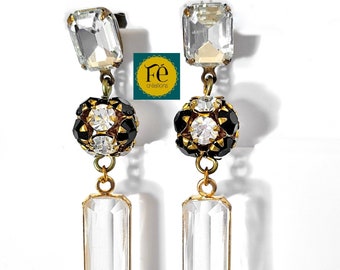 Art Deco Crystal Earrings, Rectangular, Long, Black Crystal Ball Connector, Rectangle Crystal Stud Clasp, FecreationsFR.