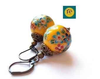 TENSHA 18 mm Japanese round pearl earrings, Blue Lisianthus, Yellow background, Bronze finish lever clasps by Fecreations.