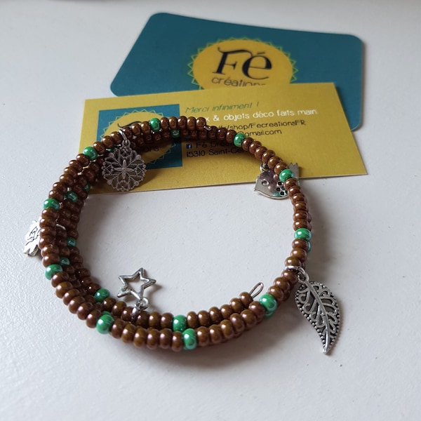 Bracelet breloques argent et perles de Rocaille bronze nacré & vert, bracelet mémoire de forme pour femmes par FecreationsFR.