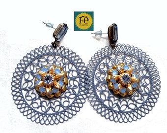 Blue earrings, round filigree rosette, opal blue crystal flowers & light blue crystal, women's pendants by FecreationsFR.