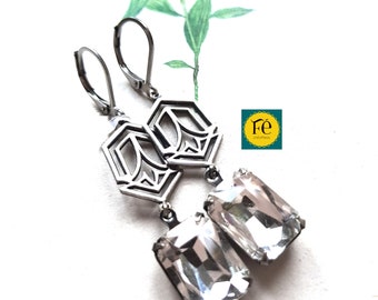 Boucles d'oreilles rectangulaires, cristal et argent, verre et métal pendantes pour femme par FecreationsFR.