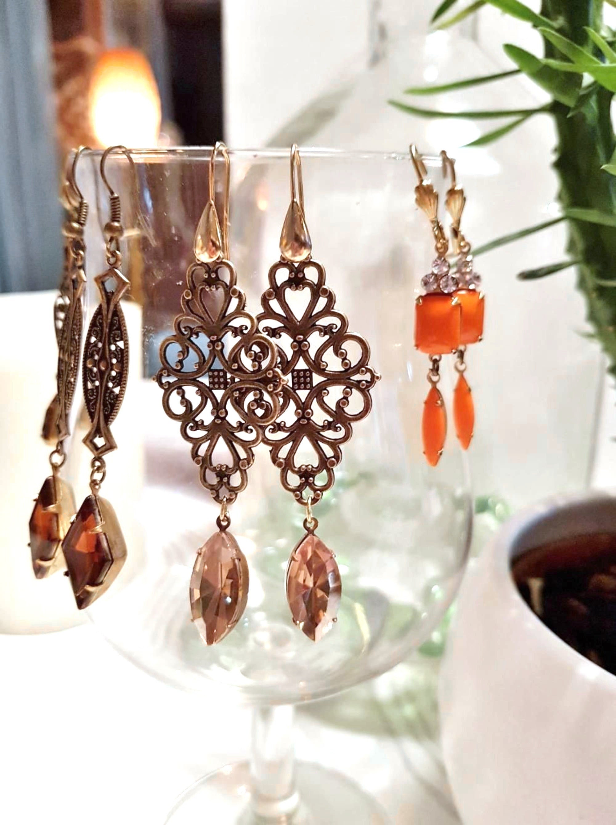 Glass Oval Rectangle Orange Rhinestone Dangling Earrings for