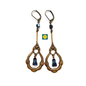 Blue Art Deco earrings, Art Nouveau fleur-de-lis chandelier, light blue glass cabochon pendant, gold flower stud earrings.