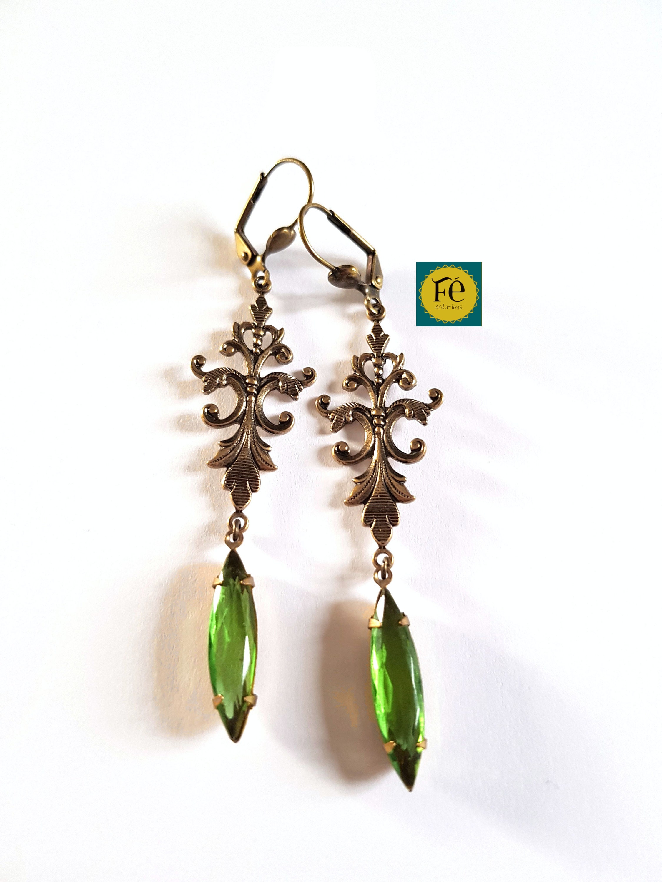 Boucles D'oreilles Chandelier Laiton émail Vert – Style Art Nouveau Vintage, Neuf Sans Emballage