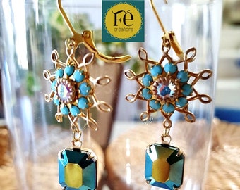 Boucles d'oreilles rectangles, fleurs, verre, bleu, turquoise, cristal AB, pendantes pour femme par FecreationsFR.