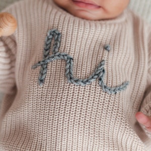 Hi Embroidered Sweater, Hi Sweater, Newborn Photos, Newborn Photo Props, Coming Home Outfit, Baby Sweater, Pregnancy Announcement image 3