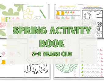 Puede incluir: Un libro de actividades de primavera para niños de 3 a 5 años. El libro incluye una variedad de actividades, como colorear, cortar y pegar. La portada presenta una ilustración colorida de una rana.
