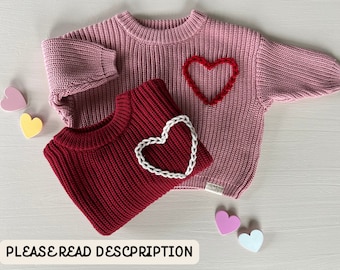 Custom Embroidered Heart Sweater, Baby Sweater, Oversized Baby Sweater, Valentines Day Sweater, Chunky Kids Sweater, Knit Baby Sweater