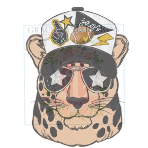 May include: Illustration of a cheetah wearing a black and white baseball cap with the word "jags" and a football graphic. The cheetah is also wearing sunglasses with star-shaped lenses. The cheetah has spots and is tan and black.